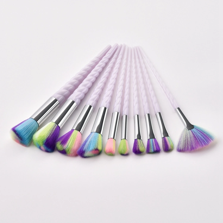 Hot Sale 10PCS Rainbow Hair Makeup Brushes Unicorn Spiral Thread Eyebrow Eyeliner Lip Brushes Professional Nose Base Fan Make up Brush