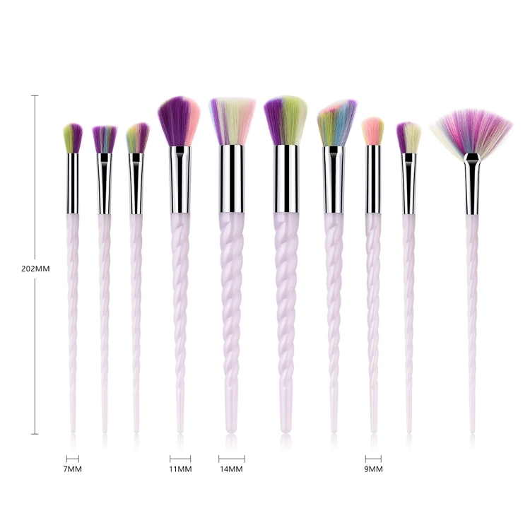 Hot Sale 10PCS Rainbow Hair Makeup Brushes Unicorn Spiral Thread Eyebrow Eyeliner Lip Brushes Professional Nose Base Fan Make up Brush